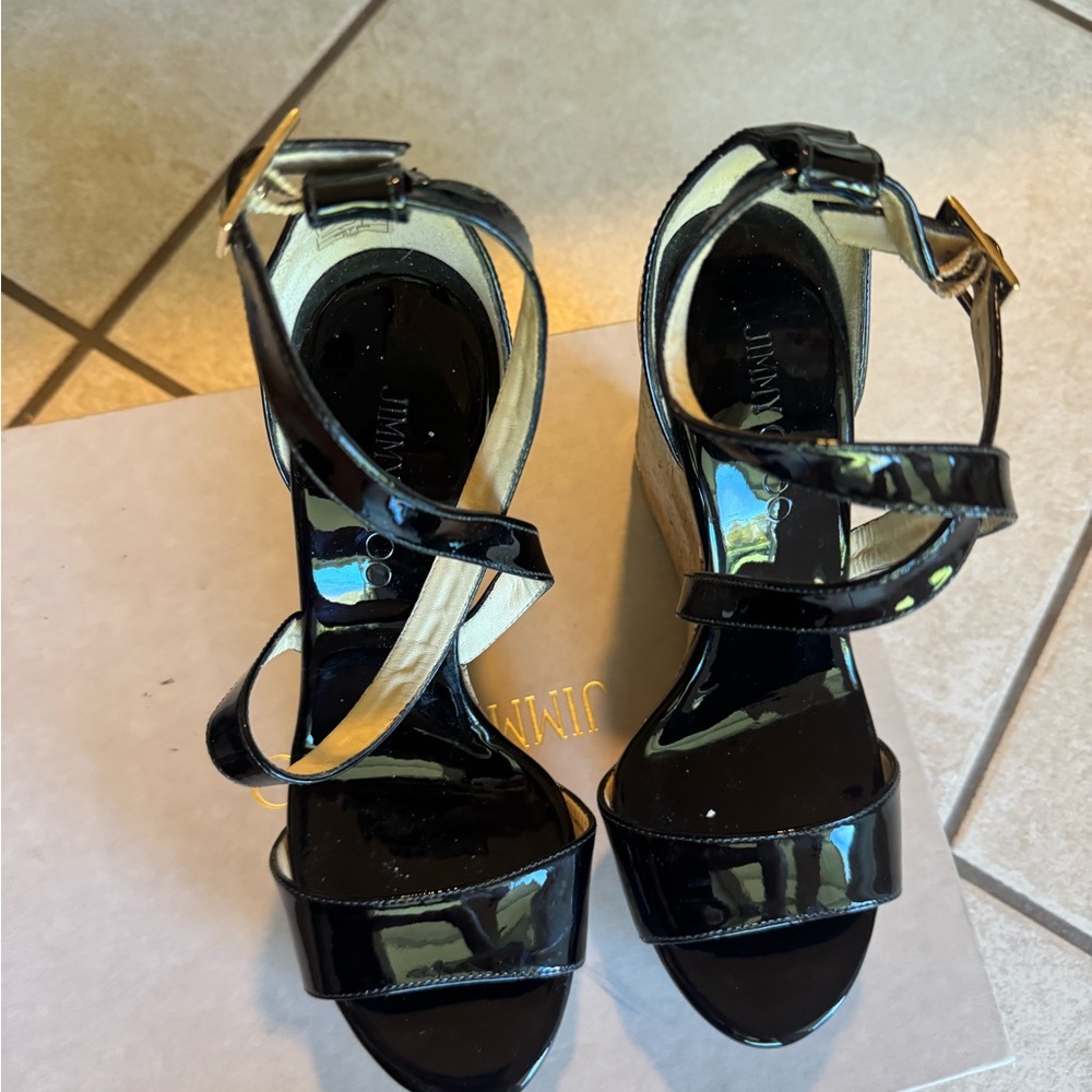 Jimmy Choo Portia Cork Wedge CrissCross Sandals - Black Patent - Picture 9 of 10